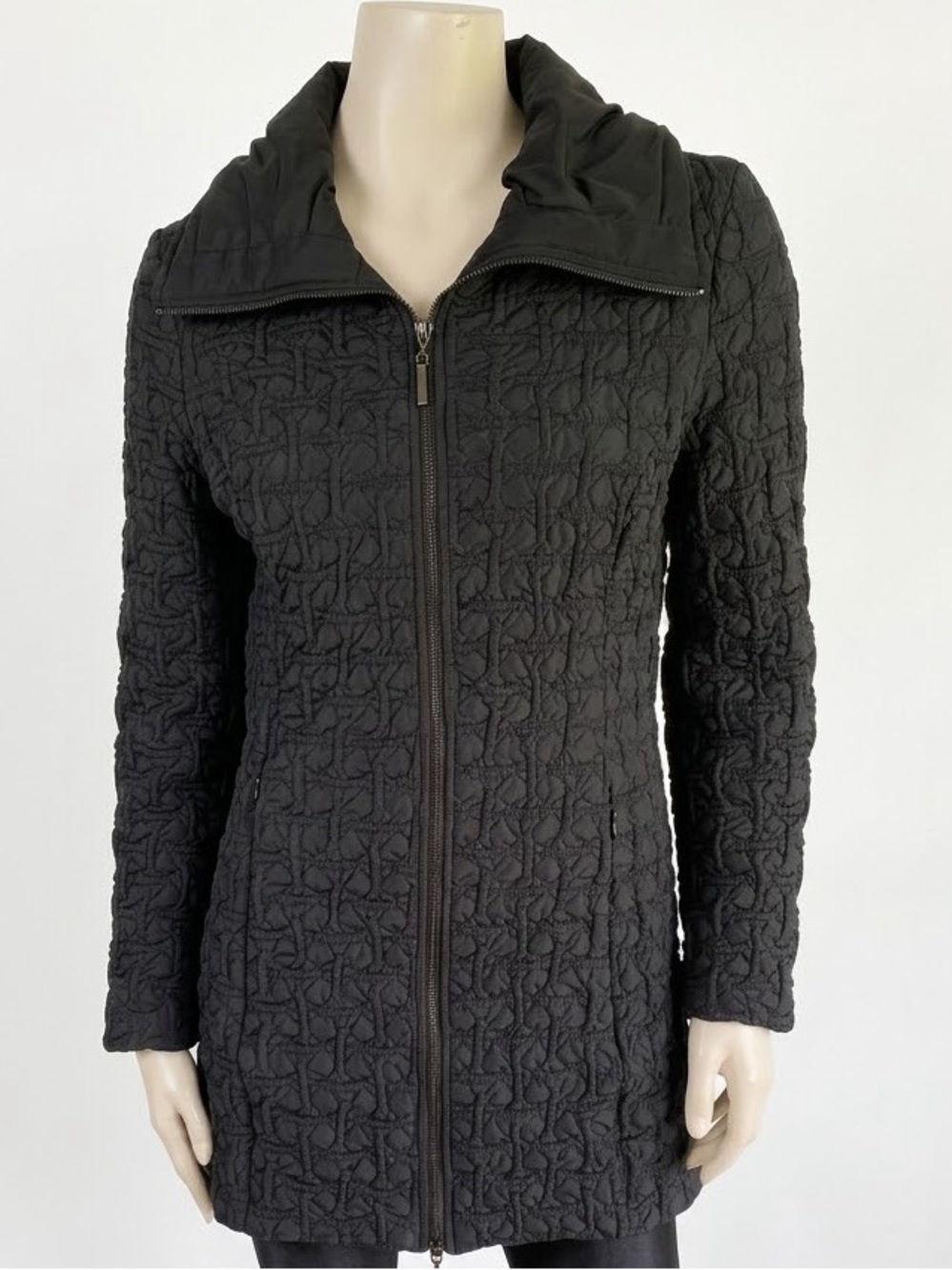 Frank Lyman Black Textured Grid Long Zip Jacket Portrait Collar Sz 4